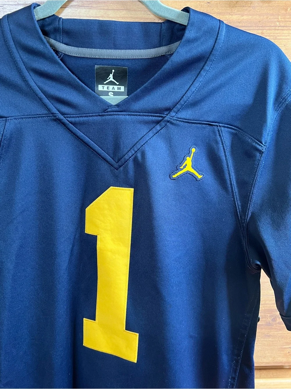 Jordan Navy and Yellow Football Jersey with Number 1